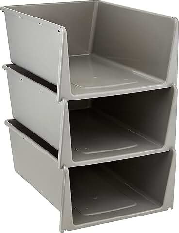 Set of 3 Stackable Open Front Storage Bins in Grey