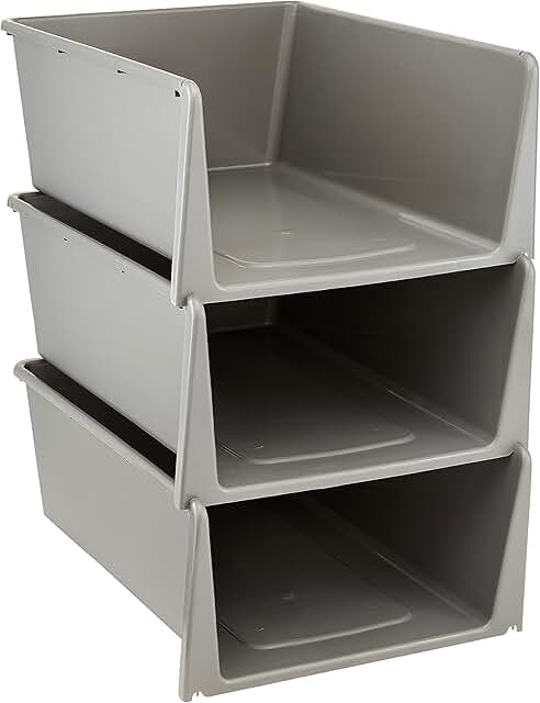 Set of 3 Stackable Open Front Storage Bins in Grey
