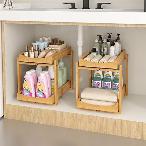 Bamboo Under Sink Organizer, 2 Pack, 2-Tier Slide Out Shelf