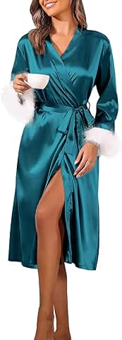 Women's Silk Feather Trim Robe with 3/4 Sleeves