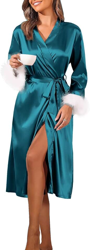 Women's Silk Feather Trim Robe with 3/4 Sleeves
