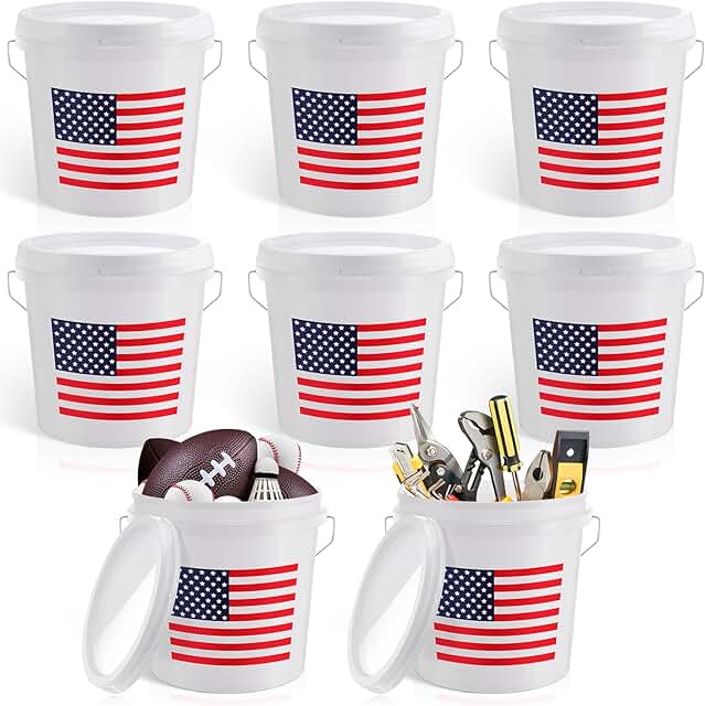 Six 2-Gallon Plastic Buckets with Lids and Handles