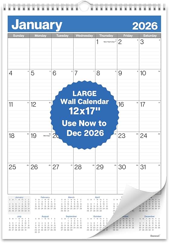 Large Wall Calendar 2026, 12x17, Blue, Monthly with Large Blocks