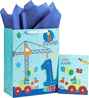 Blue Dinosaur Construction Truck Birthday Gift Bag