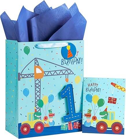Blue Dinosaur Construction Truck Birthday Gift Bag