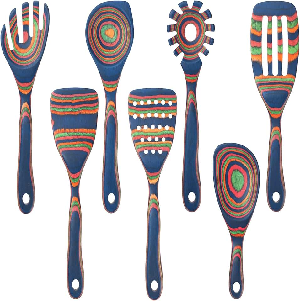 Set of 7 Wooden Cooking Utensils for Non-Stick Pans
