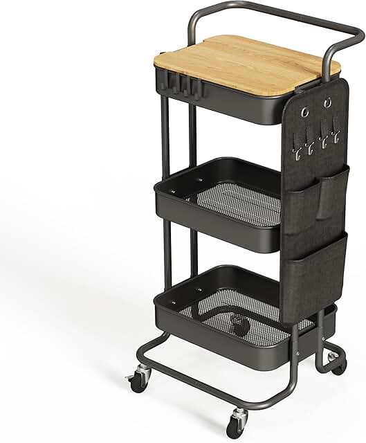 Three-Tier Metal Rolling Cart with Table and Storage