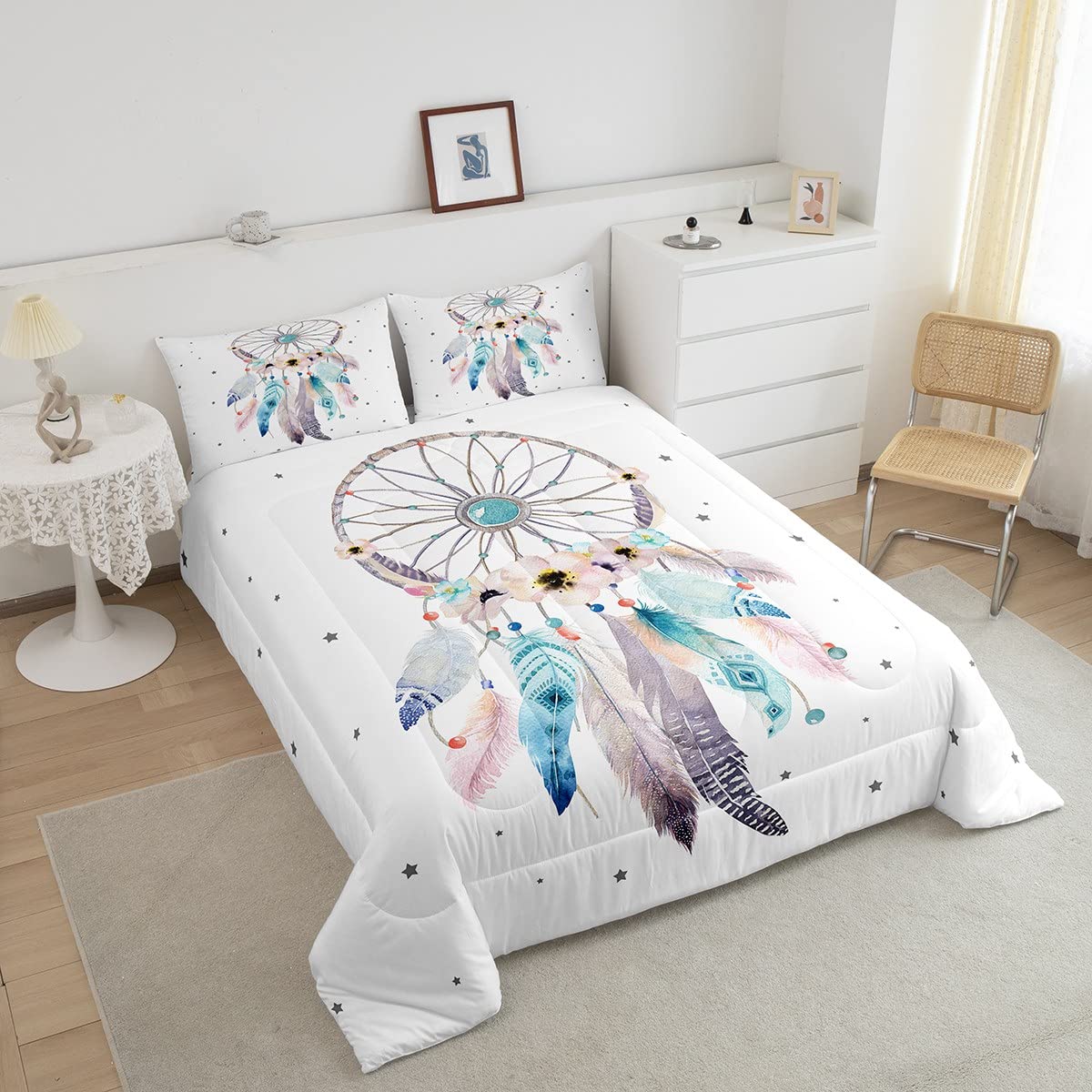 Dream Catcher Bedding Set Twin Size Girls,Floral Flower Comforter Set Cherry Blossom Quilt Duvet Women Aztec Tribal Down Comforter,Bohemian Star Home Room Decor with 1 Pillowcase