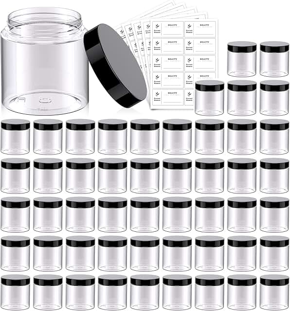 50 Clear 4 oz Plastic Jars with Black Lids
