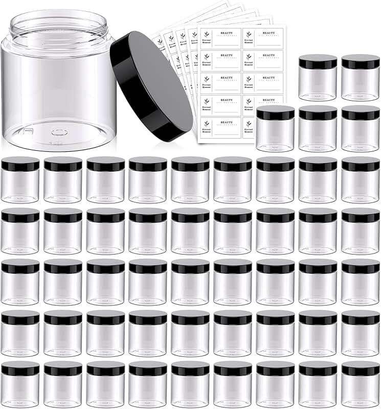 50 Clear 4 oz Plastic Jars with Black Lids