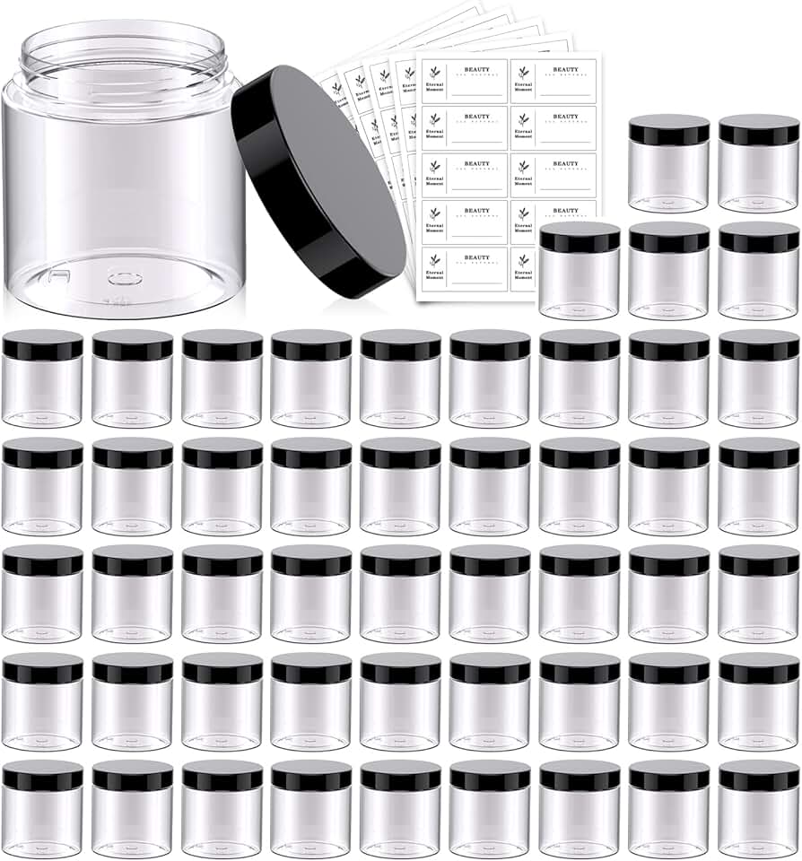 50 Clear 4 oz Plastic Jars with Black Lids
