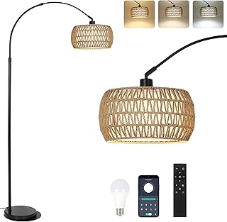 Black Rattan Floor Lamp with Remote and Dimmable Light