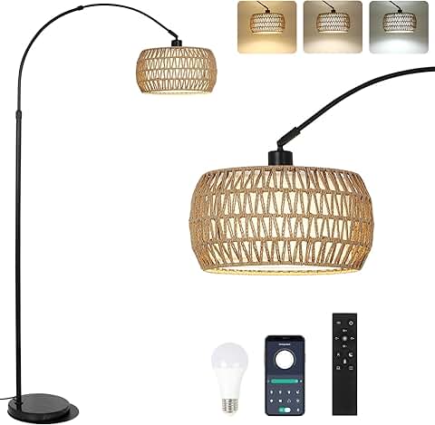 Black Rattan Floor Lamp with Remote and Dimmable Light
