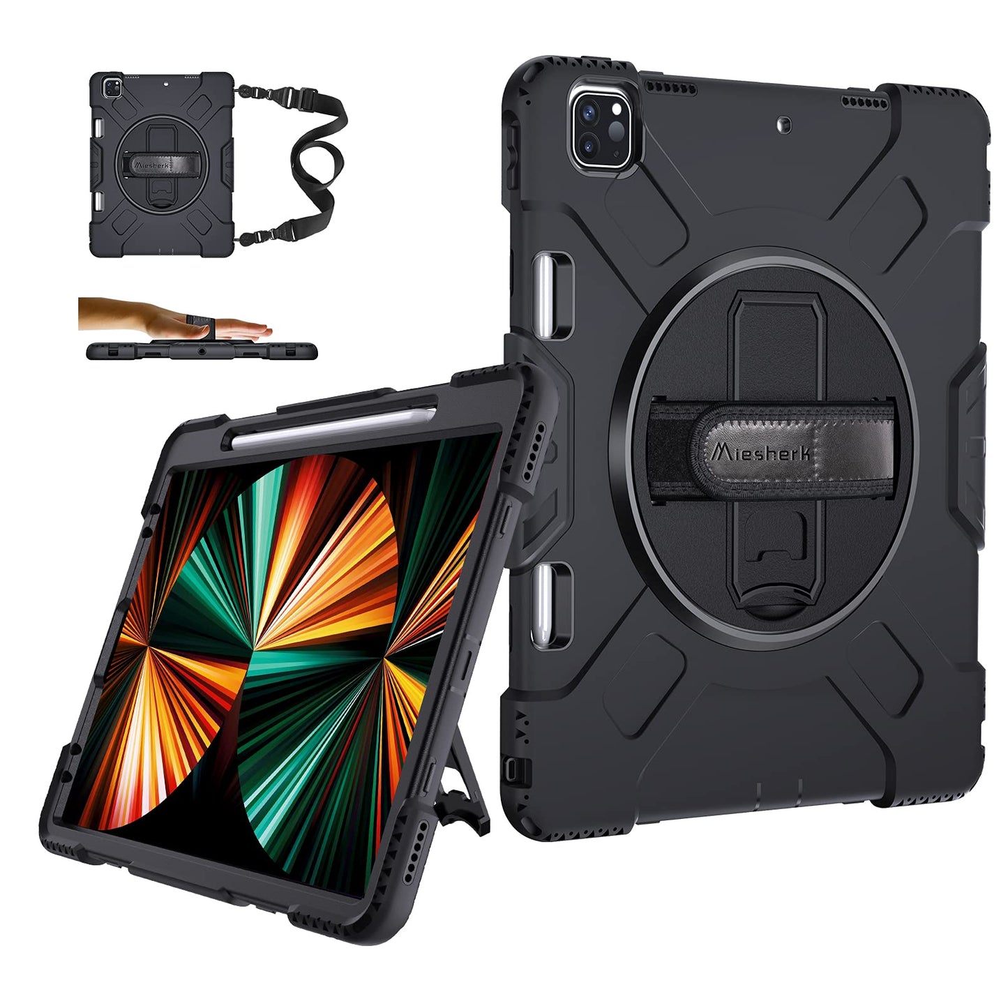 iPad Pro 12.9 Case 2021 5th Generation: Military Grade Shockproof Silicone Protective Cover for iPad 12.9 Inch 5th Gen w/Pencil Holder Stand - Handle - Shoulder Strap Black