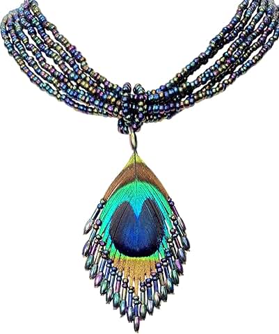Iridescent Peacock Feather Necklace with Rainbow Beads