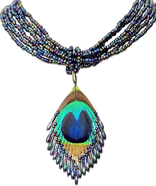 Iridescent Peacock Feather Necklace with Rainbow Beads