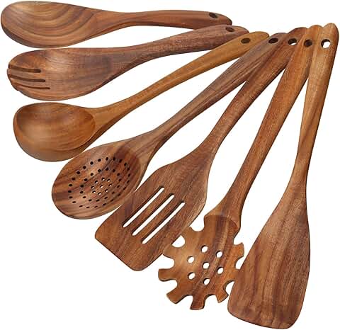 Teak Wooden Cooking Spoons Set, 7 Pieces