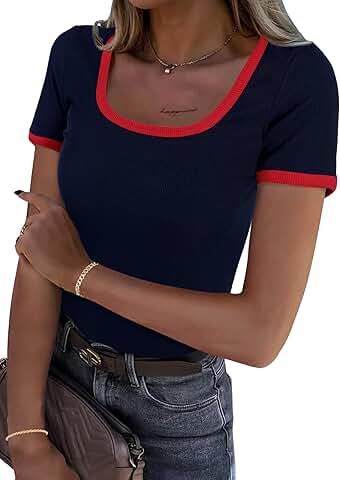 Women’s Ribbed Knit Ringer Tee with Scoop Neck