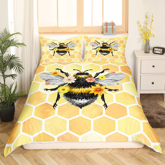 Bee Duvet Cover Set,Honeybee K aii Bedding Set,Cute Wild Animal Comforter Cover For Teens Boys,Flowers Floral Quilt Cover Queen Size,Geometric Honeycomb Hexagon Gifts Bee Home Decor Bedspread Cover