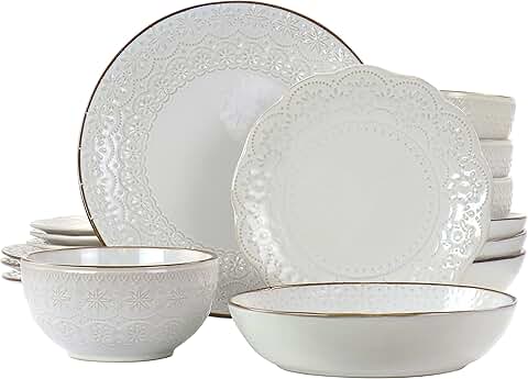 16-Piece Ivory Embossed Stoneware Dinnerware Set