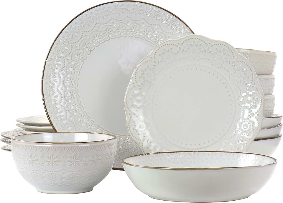 16-Piece Ivory Embossed Stoneware Dinnerware Set