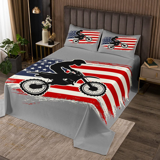 Dirt Bike Coverlet Set King,Vintage Flag Bedspread Set Teens Boys Youth Home Decor,Grey Red Chic Motocross Rider Quilt Set,Geometric Star Stripe Flag Bedding Set Soft,3 Pcs