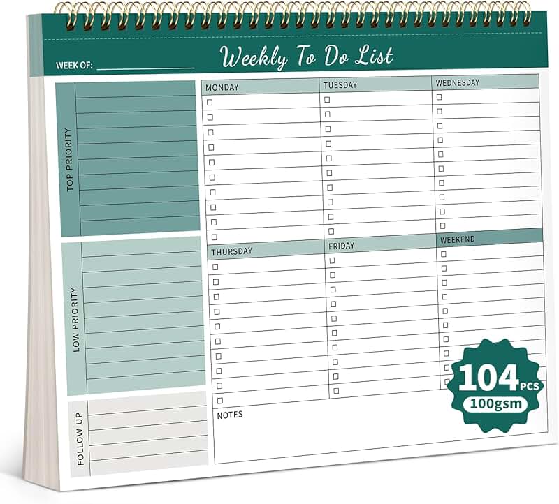 Weekly To Do List Notepad with 104 Pages in Green