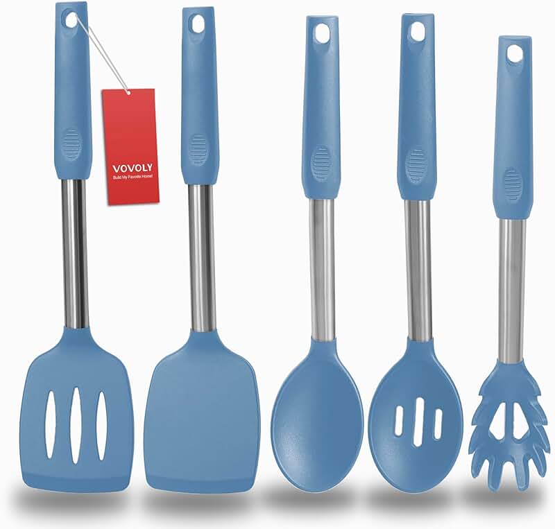 Set of 5 Silicone Cooking Utensils with Stainless Steel Handles