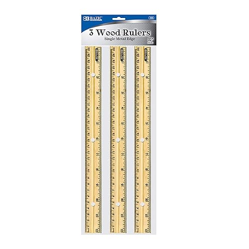 Wooden 12-inch Ruler with Metal Edge, Pack of 3