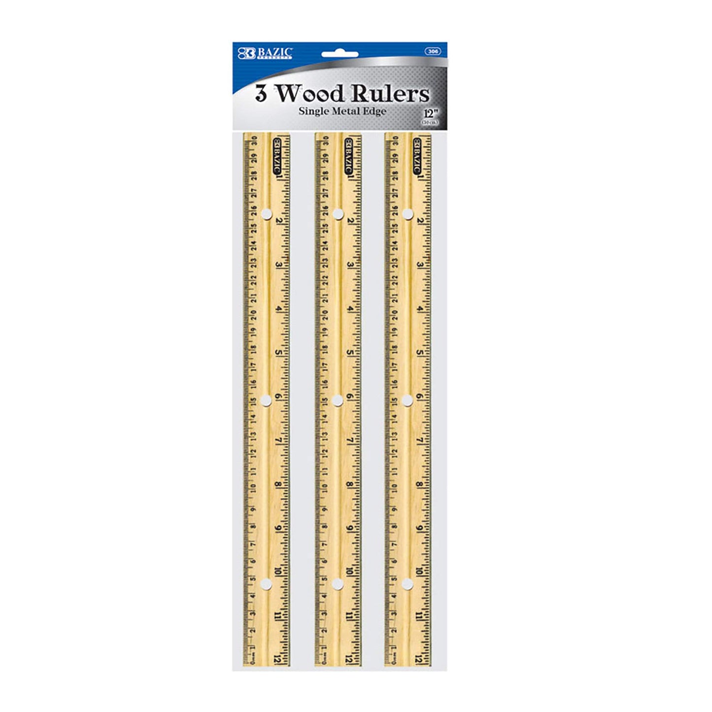 Wooden 12-inch Ruler with Metal Edge, Pack of 3