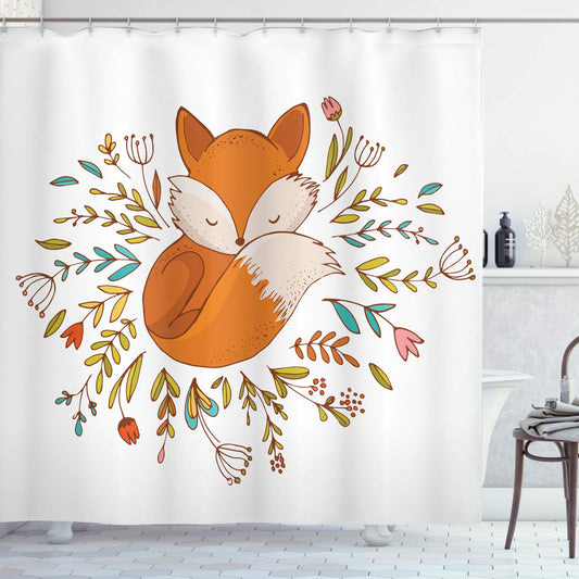 Cartoon Shower Curtain, Fox Sleeping in a Floral Made Bed Circle Art Print, Cloth Fabric Bathroom Decor Set with Hooks, 69" W x 84" L, Dark Orange White