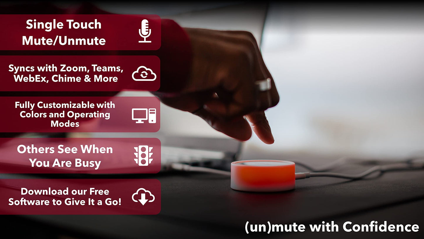 '- Illuminated Physical Mute Button for Zoom, Teams, WebEx & More (As Seen on Shark Tank)! Mac/PC Compatible. USB Cord & Adapter Included. Free Software Download Required.