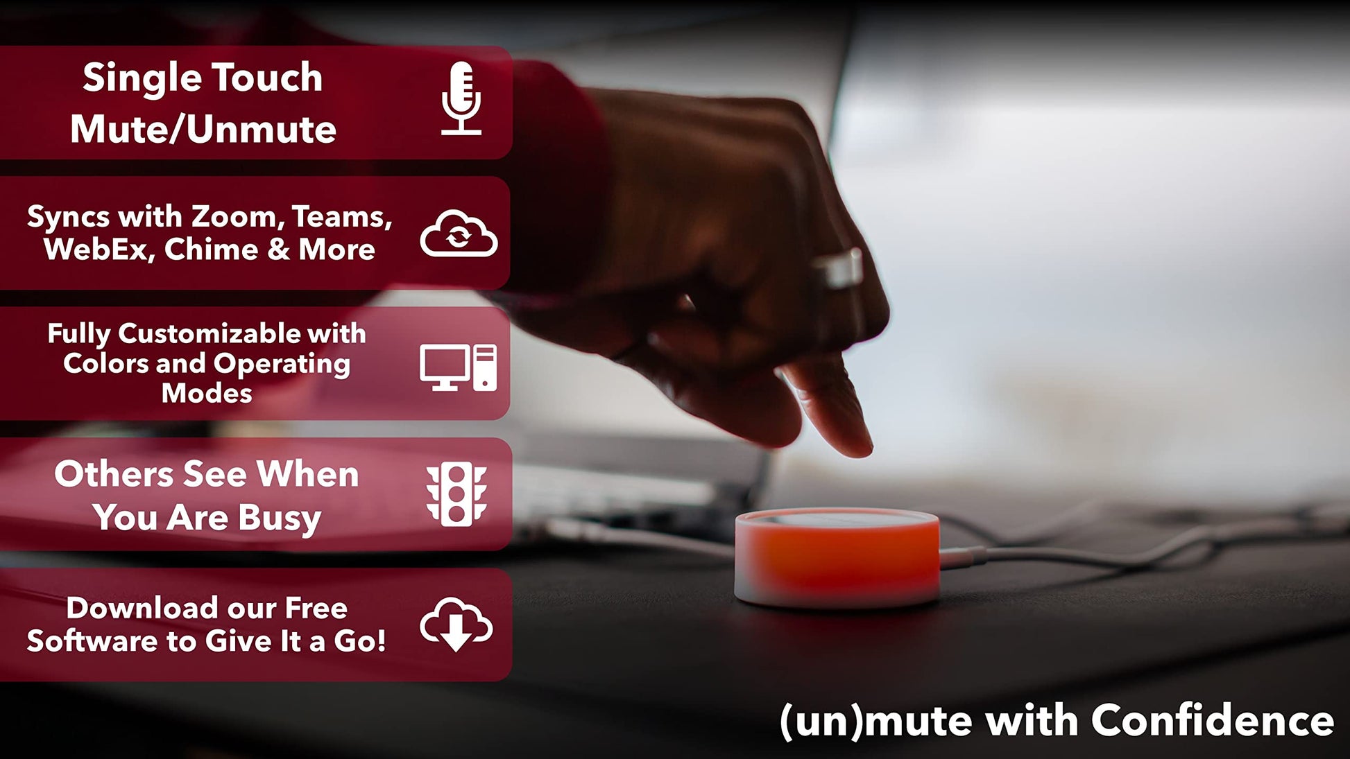 '- Illuminated Physical Mute Button for Zoom, Teams, WebEx & More (As Seen on Shark Tank)! Mac/PC Compatible. USB Cord & Adapter Included. Free Software Download Required.
