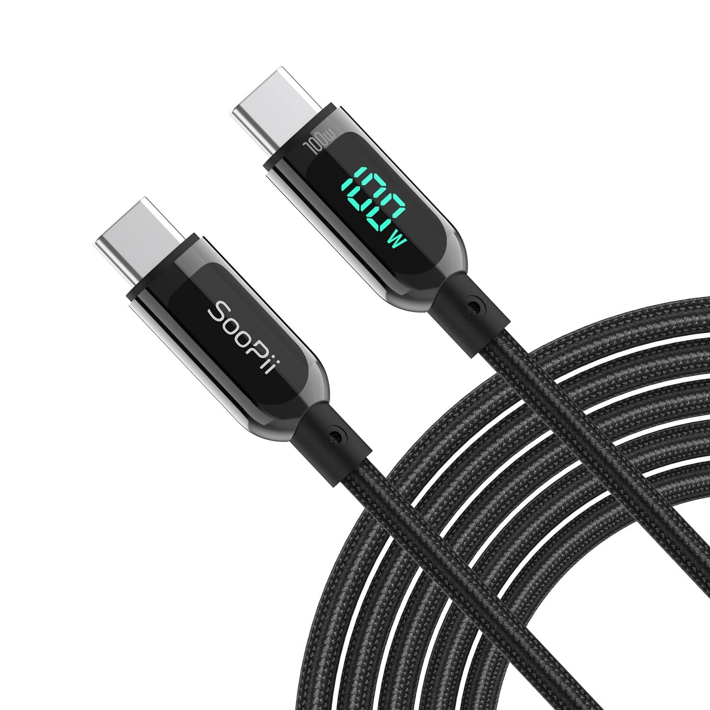 100W 4ft USB C to USB C Cable Fast Charge, Nylon Braided Type-C Cable with LED Display for lPad Air/lPad Pro, MacBook Pro, Samsung Galaxy S21/S10/S9/Plus (Black))