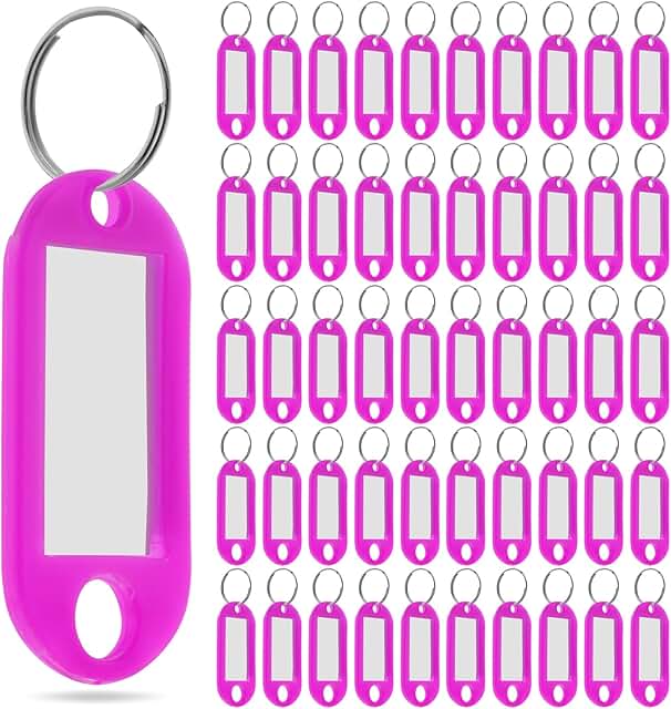 Black plastic key tags with label window, 100 pack