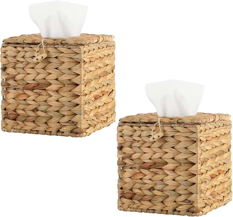 Set of 2 Boho Rattan Tissue Box Covers, 6.3 x 6.3 x 6.7 inches