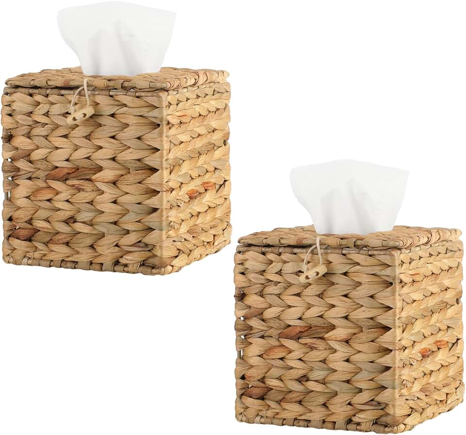 Set of 2 Boho Rattan Tissue Box Covers, 6.3 x 6.3 x 6.7 inches