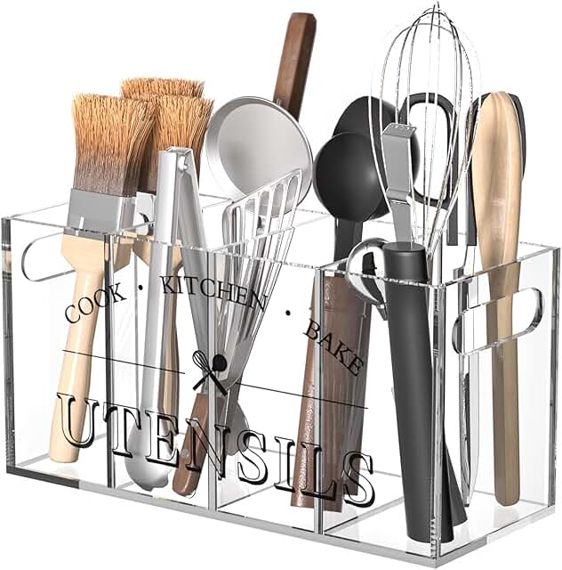 Acrylic Kitchen Utensil Holder, Moisture-Proof, 11.8x4.8x6 Inches