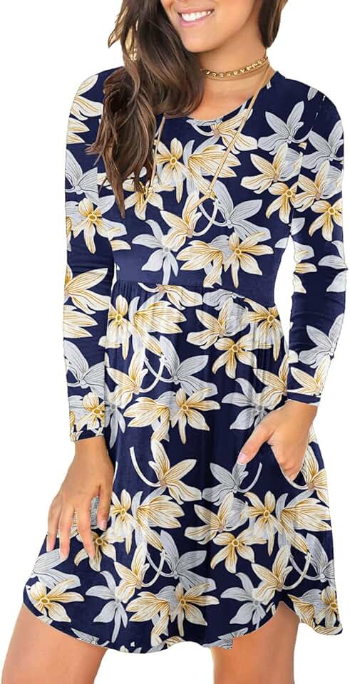 Women's Long Sleeve Casual Swing Dress with Pockets