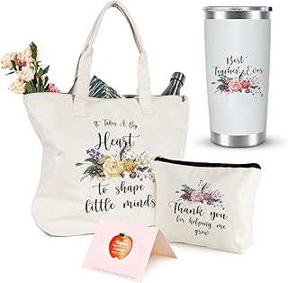 Cream Teacher Tote Bag with Tumbler and Accessories