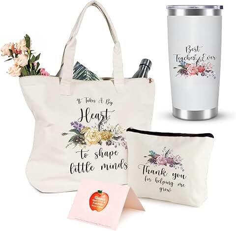 Cream Teacher Tote Bag with Tumbler and Accessories