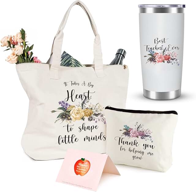 Cream Teacher Tote Bag with Tumbler and Accessories
