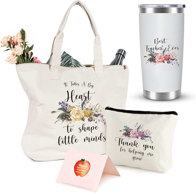 Cream Teacher Tote Bag with Tumbler and Accessories
