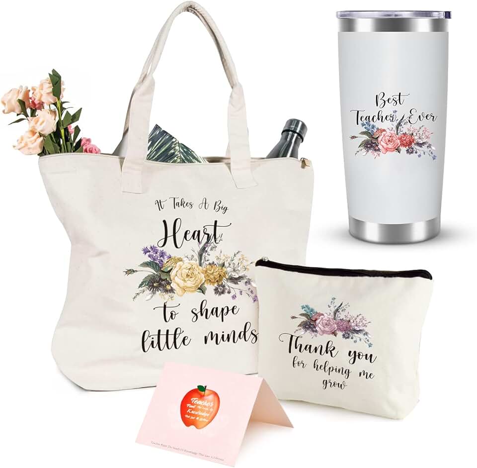 Cream Teacher Tote Bag with Tumbler and Accessories
