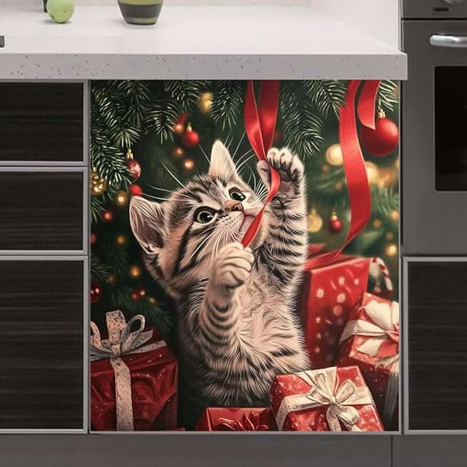 Cute Cat Magnetic Dishwasher Cover for Kitchen Decor