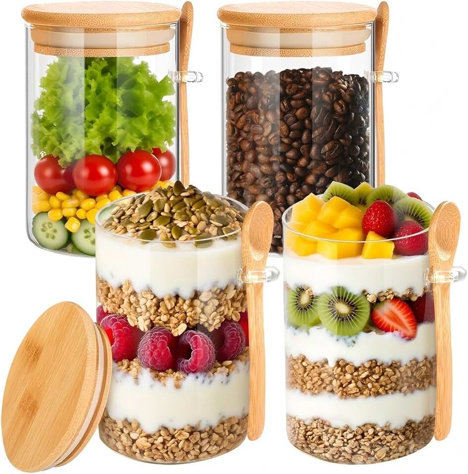 Set of 4 16oz Glass Food Storage Jars with Lids and Spoons