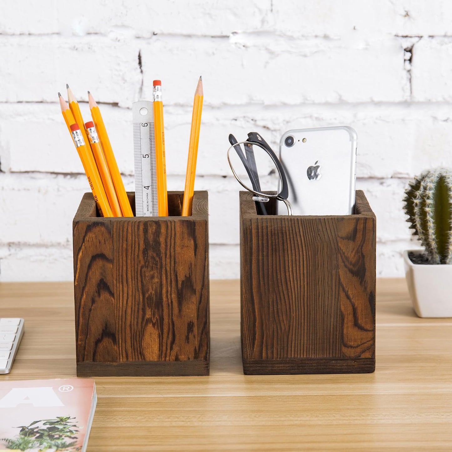 Set of 2 Natural Wood Desktop Pen Holders