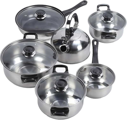 Six-piece stainless steel cookware set with soup pot and pans