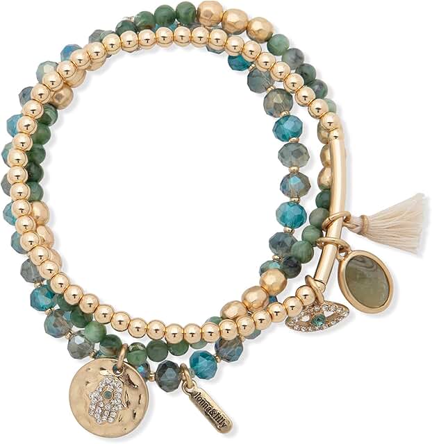 Gold Beaded Multi-Row Stretch Bracelet with Charms