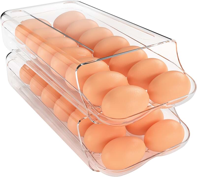 Egg Holder for Fridge, Stackable Clear Plastic Dispenser, 2 Pack